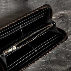Badass Black Leather Men's Long Biker Handmade Wallet Ganesha Tooled Zipper Chain Long Wallets For Men - iwalletsmen