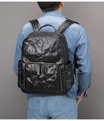 Black Leather Mens Backpack 15'' Laptop Rucksack Wrinkle School Backpack For Men