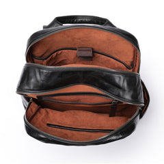 Black Leather Mens Backpack 15'' Laptop Rucksack Wrinkle School Backpack For Men
