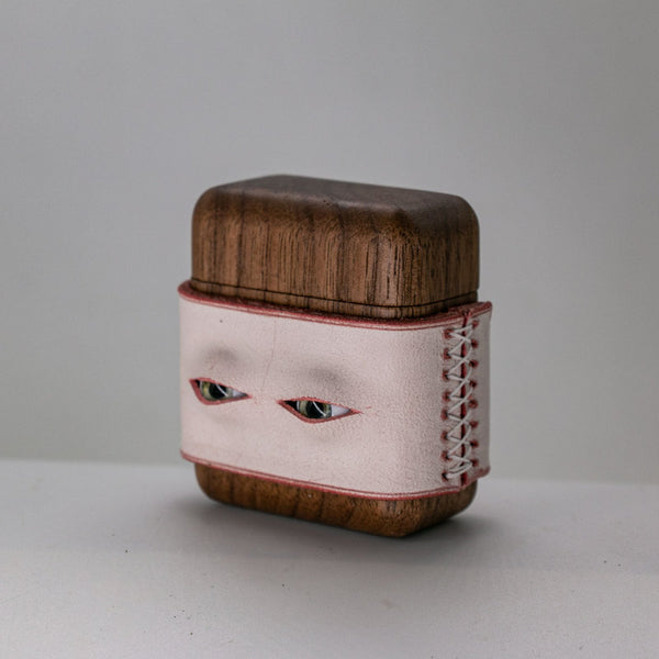 Handmade Pink Leather Coffee Wood AirPods 1,2 Case with Eyes Custom Leather AirPods 1,2 Case Airpod Case Cover - iwalletsmen