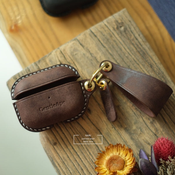 Handmade Coffee Leather AirPods Pro Case with Wristlet Strap Leather AirPods Case Airpod Case Cover