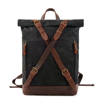 Black Waterproof Canvas Mens Rollup Backpack Travel Backpack Waxed Canvas Hiking Backpack For Men - iwalletsmen