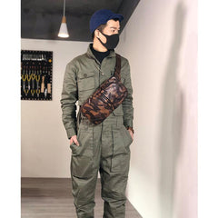 Cool Leather Mens Camouflage Chest Bag Sling Bag Crossbody Pack Black One Shoulder Backpack for men - iwalletsmen