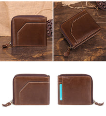 Cool Brown Small Zipper MENS LEATHER Brown Bifold Wallet SLIM billfold Brown Wallet FOR MEN - iwalletsmen