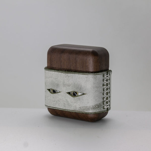 Handmade Green Leather Coffee Wood AirPods 1,2 Case with Eyes Custom Leather AirPods 1,2 Case Airpod Case Cover - iwalletsmen