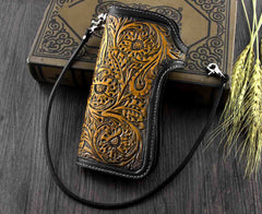 Handmade Tooled Black Leather Mens Biker Chain Wallet Long Biker Wallet with Chain for Men - iwalletsmen