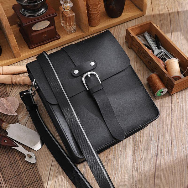 Handmade Black LEATHER MENs Vertical Messenger Bag Black Small Side Bag FOR MEN - iwalletsmen