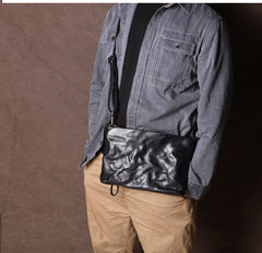 Black Leather Mens Wristlet Bag Clutch Wrinkled Slim Messenger Bag Side Bag for Men
