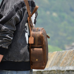 Coffee Leather Men's Sling Bag Chest Bag Cool One shoulder Backpack For Men