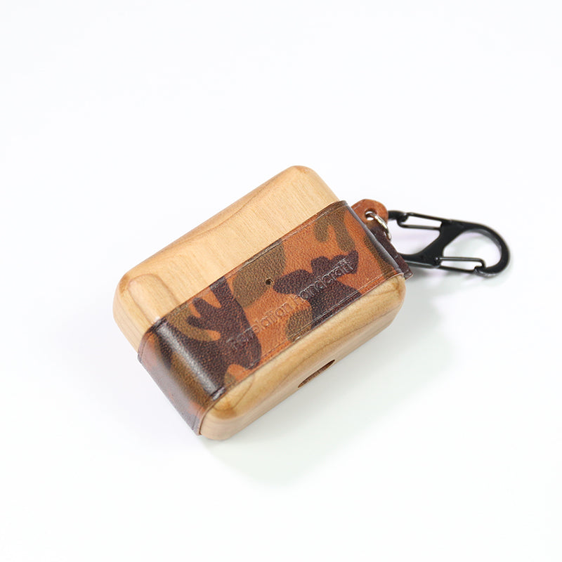 Camouflage Wood Leather AirPods 1/2 Case with Strap Leather AirPods Case Airpod Case Cover