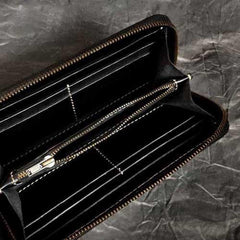 Badass Black Leather Men's Clutch Wallet Buddha Handmade Tooled Zipper Long Wallets For Men - iwalletsmen