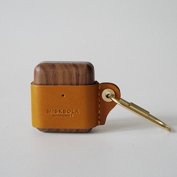 Tan Wood Leather AirPods 1,2 Case with Clip Strap Leather Pro AirPods Case Airpod Case Cover - iwalletsmen