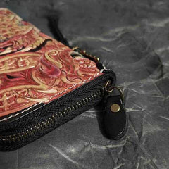 Badass Black Leather Men's Long Biker Wallet Golden Carp Handmade Tooled Zipper Long Wallets For Men - iwalletsmen