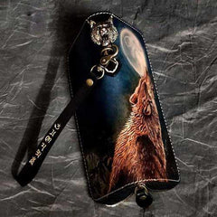 Badass Black Leather Men's Long Biker Wallet Wolf Handmade Tooled Zipper Long Wallets For Men - iwalletsmen