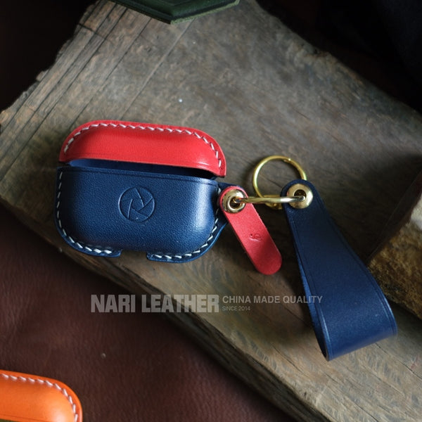 Handmade Blue&Red Leather AirPods Pro Case with Wristlet Strap Leather AirPods Case Airpod Case Cover