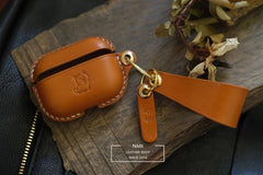 Handmade Yellow Brown Leather AirPods Pro Case with Wristlet Strap Leather AirPods Case Airpod Case Cover