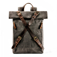 Gray Waterproof Canvas Mens Rollup Backpack Travel Backpack Waxed Canvas Hiking Backpack For Men - iwalletsmen