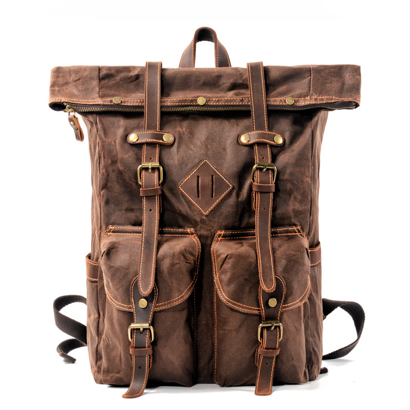 Brown Waxed Canvas Mens Waterproof Large 15'' Hiking Backpack Travel Backpack Computer Backpack for Men - iwalletsmen