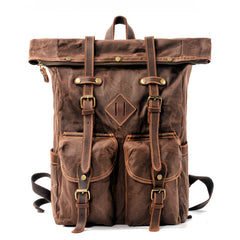 Brown Waxed Canvas Mens Waterproof Large 15'' Hiking Backpack Travel Backpack Computer Backpack for Men - iwalletsmen