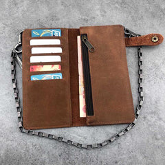 Vintage Brown Leather Men's Long Biker Chain Wallet Brown Badass Bifold Long Wallet with Chain For Men - iwalletsmen