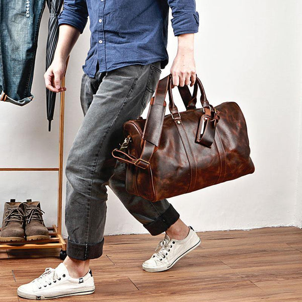 Black Leather Mens Casual Large Travel Bags Shoulder Weekender Bag Brown Duffle Bag For Men - iwalletsmen