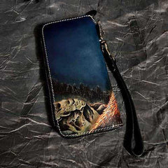 Badass Black Leather Men's Long Biker Wallet Wolf Handmade Tooled Zipper Long Wallets For Men - iwalletsmen