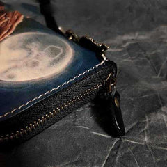 Badass Black Leather Men's Long Biker Wallet Wolf Handmade Tooled Zipper Long Wallets For Men - iwalletsmen