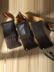 Handmade Slim Black Leather Mens Billfold Wallet Personalize Bifold Small Wallets for Men - iwalletsmen