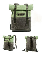 Green Waterproof Mens Rollup Backpack Canvas Travel Backpack Waxed Canvas Hiking Backpack For Men - iwalletsmen