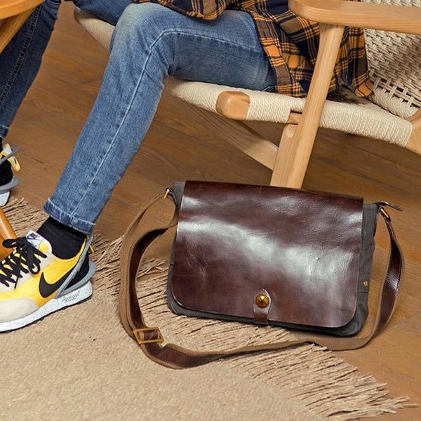 Cool Black Canvas Leather Mens Brown Courier Bag Messenger Bags Casual Postman Bags for Men - iwalletsmen