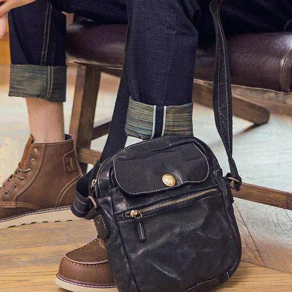 Black Cool Leather Mens Small Vertical Side Bag Messenger Bags Brown Casual Bicycle Bags for Men - iwalletsmen