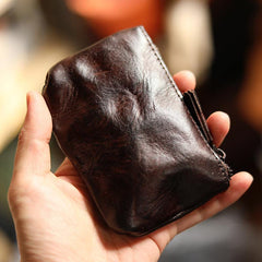 Vintage Slim Brown Leather Mens Coin Wallet Zipper Coin Holder - Open View - iwalletsmen