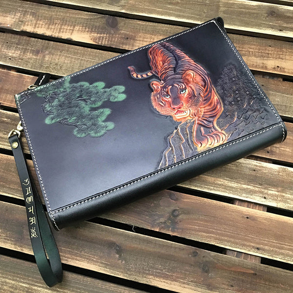 Black Handmade Tooled Leather Tiger Clutch Wallet Wristlet Bag Clutch Purse For Men - iwalletsmen
