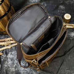 15'' Leather Mens Satchel Backpack Barrel Laptop Rucksack Vintage School Backpack For Men