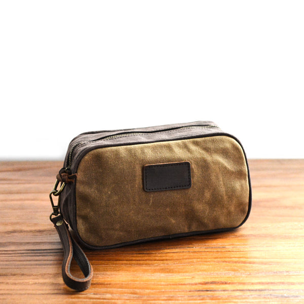 Mens Khaki Waxed Canvas Dopp Kit Mini Messenger Bag Canvas Toiletry Bag for Men - iwalletsmen