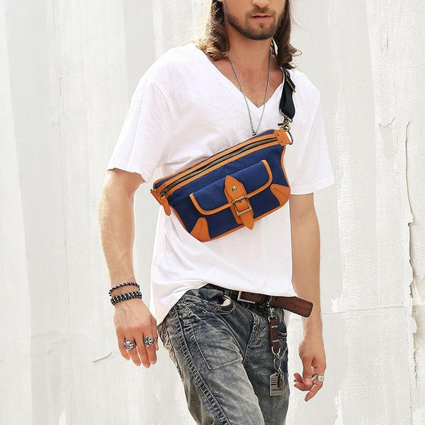Casual Blue Nylon Leather Fanny Pack Men's Chest Bag Hip Bag Waist Bag For Men - iwalletsmen