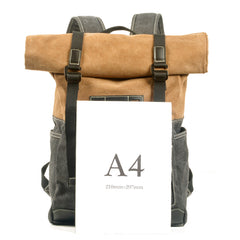 Khaki Waterproof Mens Rollup Backpack Canvas Travel Backpack Waxed Canvas Hiking Backpack For Men - iwalletsmen