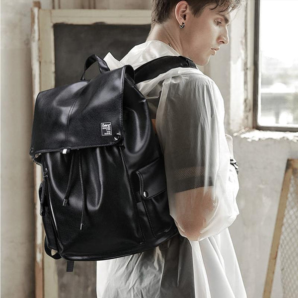 Black Leather Mens Large Backpack Travel Backpack Black Laptop Backpack for men - iwalletsmen