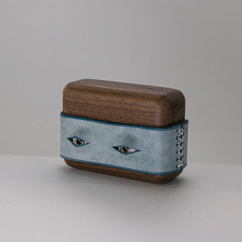 Handmade Blue Leather Coffee Wood AirPods 1,2 Case with Eyes Custom Leather AirPods 1,2 Case Airpod Case Cover - iwalletsmen