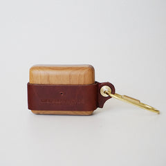 Tan Wood Leather AirPods Pro Case with Clip Strap Leather 1,2 AirPods Case Airpod Case Cover - iwalletsmen