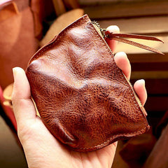 Vintage Slim Brown Leather Mens Coin Wallet Zipper Coin Holder - Full View - iwalletsmen