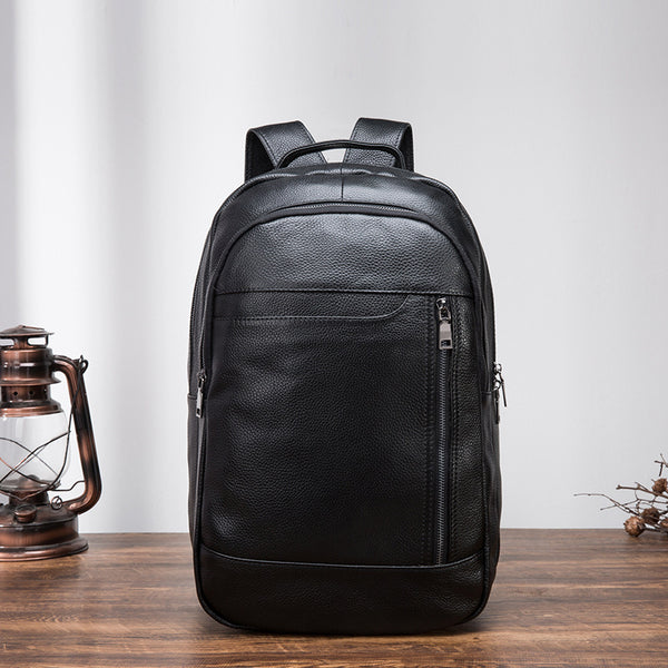 Black Cool Mens Leather College Backpack Laptop Backpack Black Travel Backpack for Men - iwalletsmen