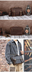 Coffee Small Leather Satchel Side Bag 8 inches Messenger Bag Crossbody Purse for Men