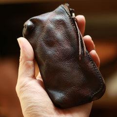 Vintage Slim Brown Leather Mens Coin Wallet Zipper Coin Holder - Front View - iwalletsmen