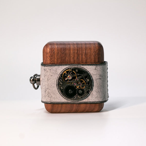 Leather Wood AirPods 1,2 Case with Black Watch Movement Handmade Custom Leather AirPods 1,2 Case Airpod Case Cover - iwalletsmen