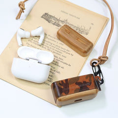Camouflage Wood Leather AirPods 1/2 Case with Strap Leather AirPods Case Airpod Case Cover