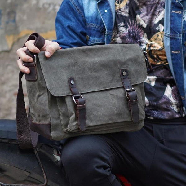 Army Green Waxed Canvas Side Bag Mens Cycling Canvas Messenger Bags For Men - iwalletsmen