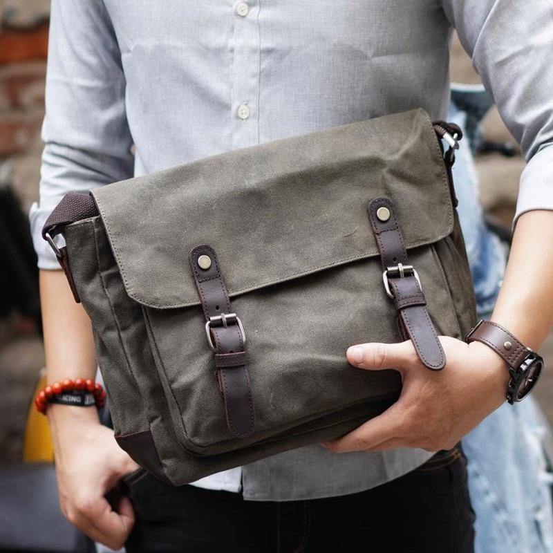 Army Green Waxed Canvas Side Bag Mens Cycling Canvas Messenger Bags Fo –  iwalletsmen