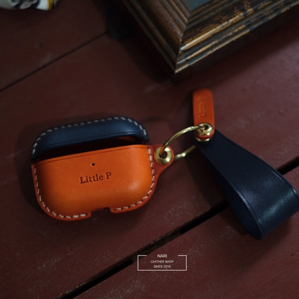 Handmade Blue&Orange Leather AirPods Pro Case with Wristlet Strap Leather AirPods Case Airpod Case Cover