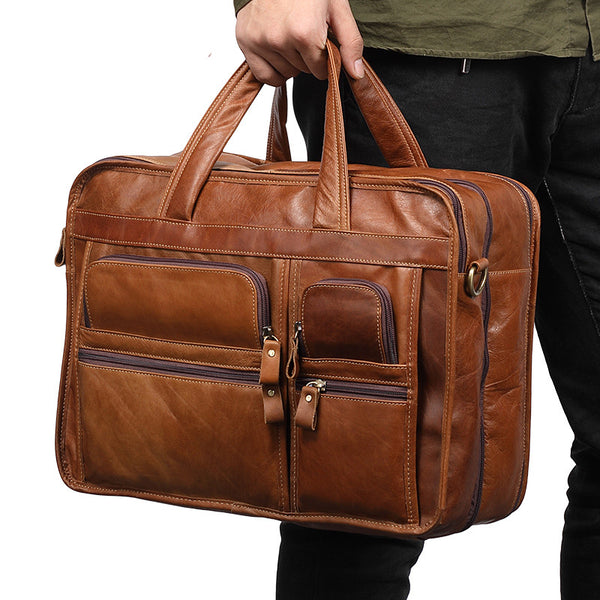 Leather Men Large Briefcase Handbag Travel Bag OverNight Bags For Men - iwalletsmen
